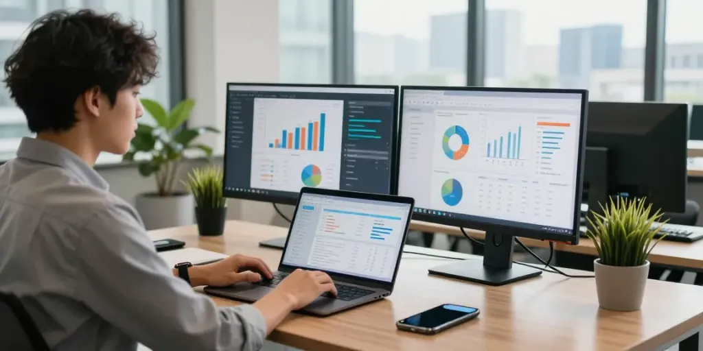 Analisis investasi properti komersial dengan aplikasi ajo88 di ruang kerja modern.
