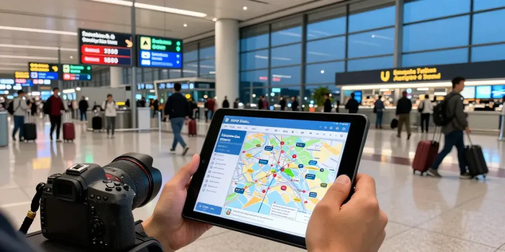 在机场查看性价比机场信息的旅客,明亮的环境与航班标识。