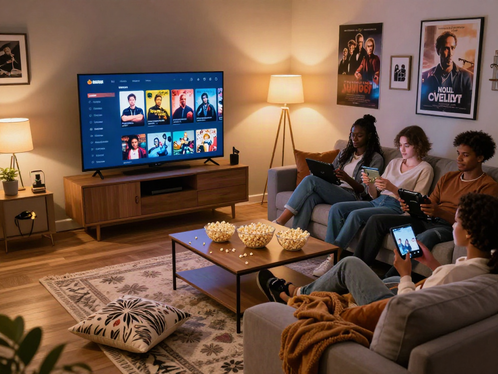 Moviebox app showcased on a living room screen during a cozy movie night with friends