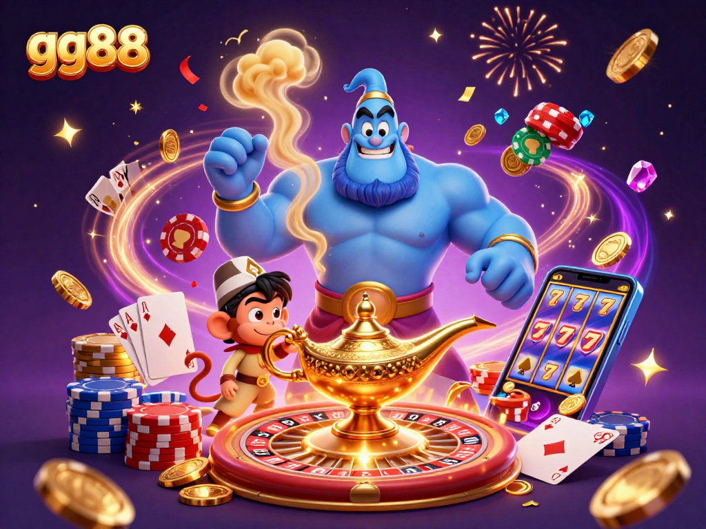 Win big at gg88 with a vibrant scene of a genie, poker elements, and casino excitement.