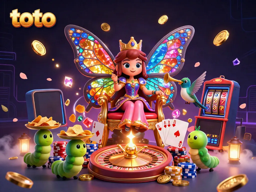 Engage in thrilling toto excitement at a vibrant casino scene with sparkling coins, colorful chips, and lively characters.