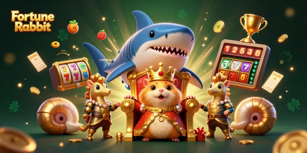 Experience the excitement of Fortune Rabbit slot through an engaging 3D illustration showcasing royal characters and dynamic casino elements.