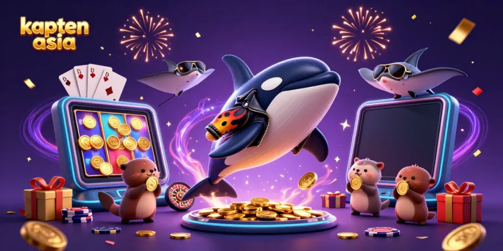 Kapten Asia menghadirkan keseruan perjudian dengan orca, ikan pari, dan beruang laut yang membawa koin emas.