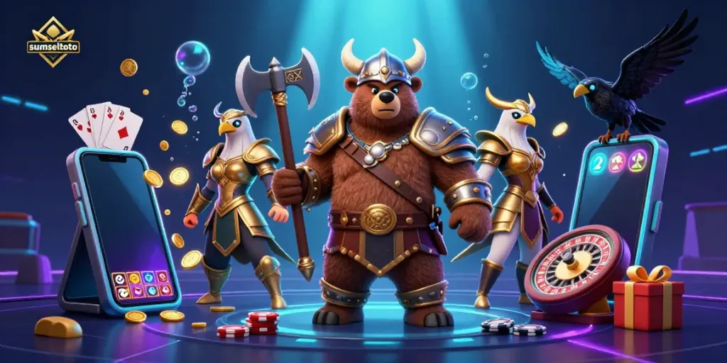 Engage with an exhilarating scene of sumseltoto featuring dynamic characters and vibrant casino elements.