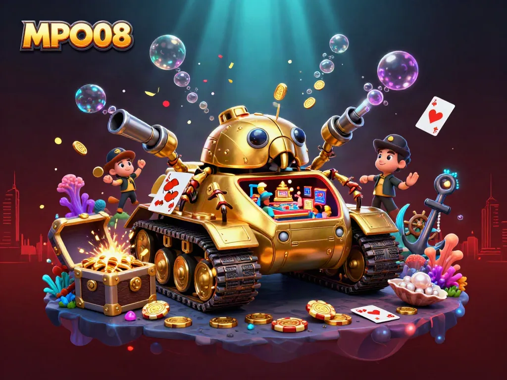 Engage in MPO08 online gaming experiences with a vibrant casino tank illustration featuring dynamic gaming elements.