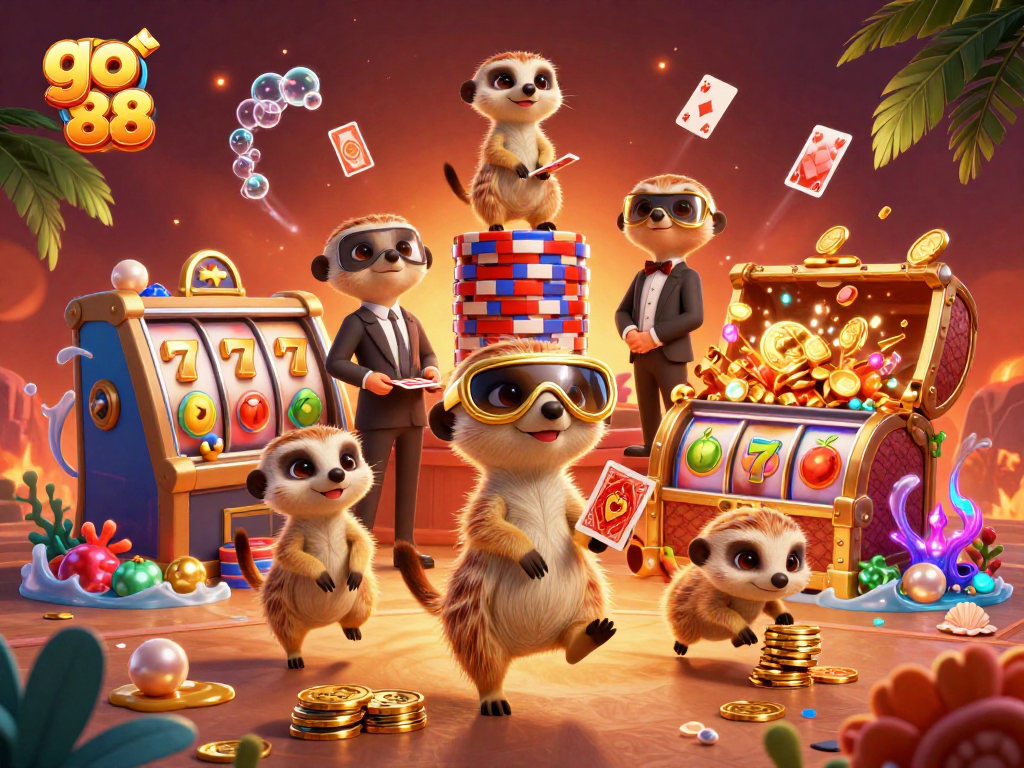 Experience go 88 at a lively meerkat casino with vibrant slot machines and glimmering chips.