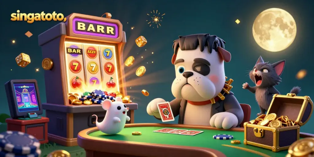 Engage with singatoto at a vibrant casino scene featuring a lively bulldog dealer, floating ghost mouse, and jackpot explosions.