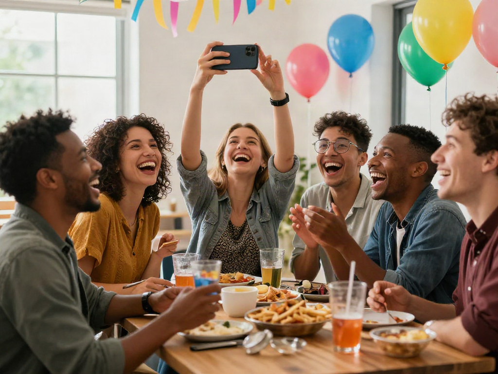 Friends having fun and taking selfies to discover how old do I look during a lively gathering.