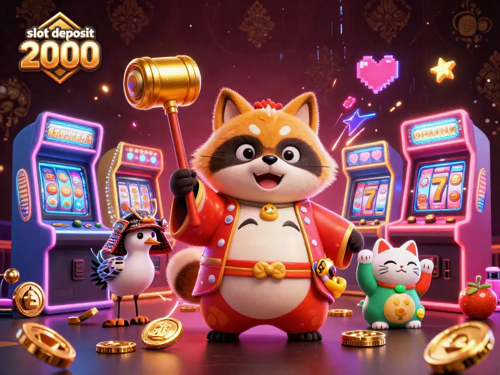 Play slot deposit 2000 with a cheerful tanuki, vibrant game elements, and captivating symbols.