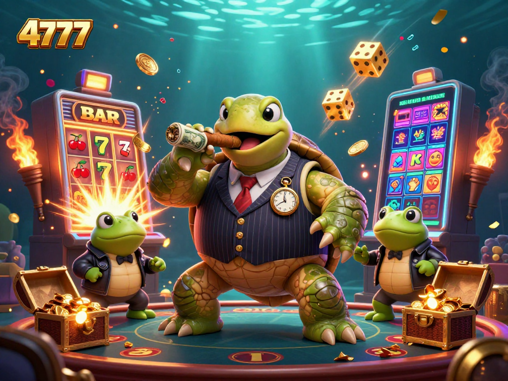 Engage with the thrilling 4777 casino scene featuring a snapping turtle and bullfrog enforcers amidst a jackpot explosion.