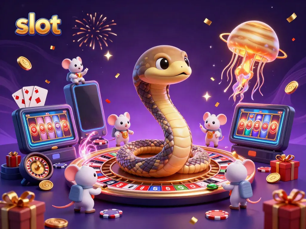 Cosmic dealer oversees astronaut mice betting on vibrant slot game reels and jackpot symbols in a magical casino scene.