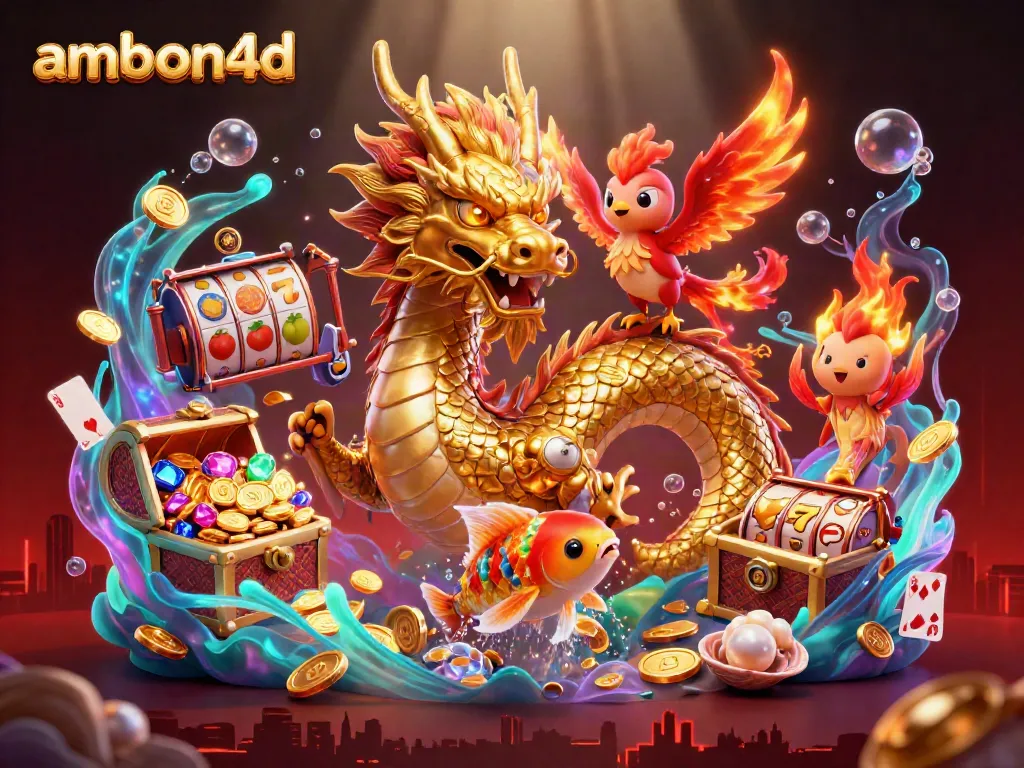 Experience the thrilling ambiance of ambon4d with a colorful dragon, phoenix, and koi fish amidst dynamic casino elements.