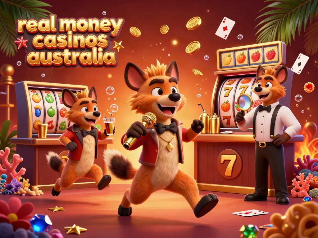 Explore real money casinos Australia with vibrant hyena characters in a lively casino scene.