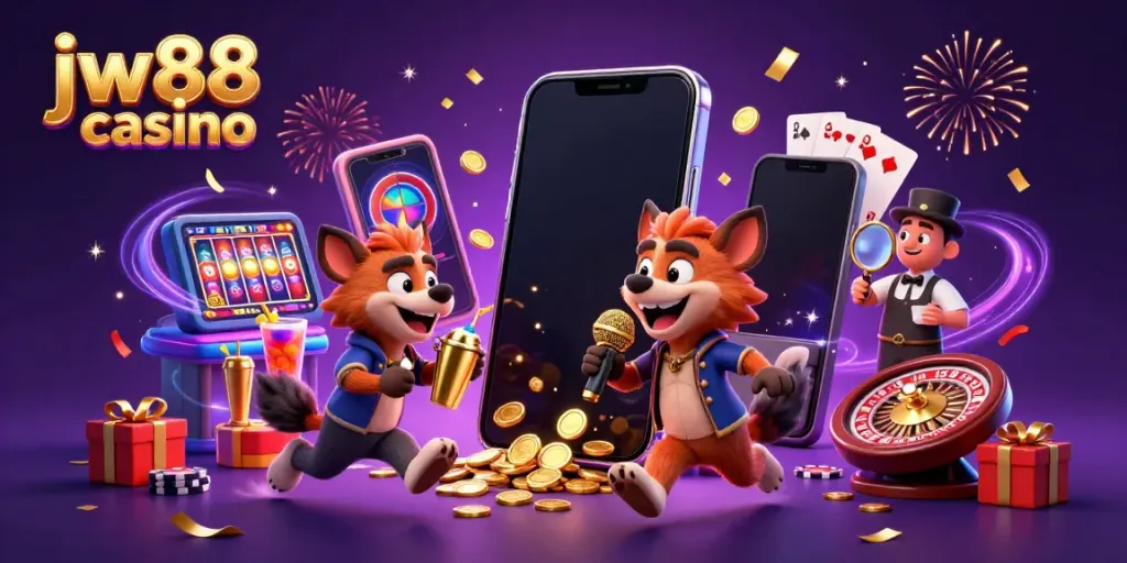 Experience the vibrant atmosphere of jw88 casino with hyena characters performing in a lively gambling scene.