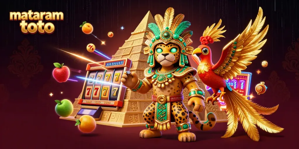 Experience thrilling wins with mataram toto in a vibrant jackpot scene featuring a Mayan jaguar priest, slot reels, and rich visual elements.