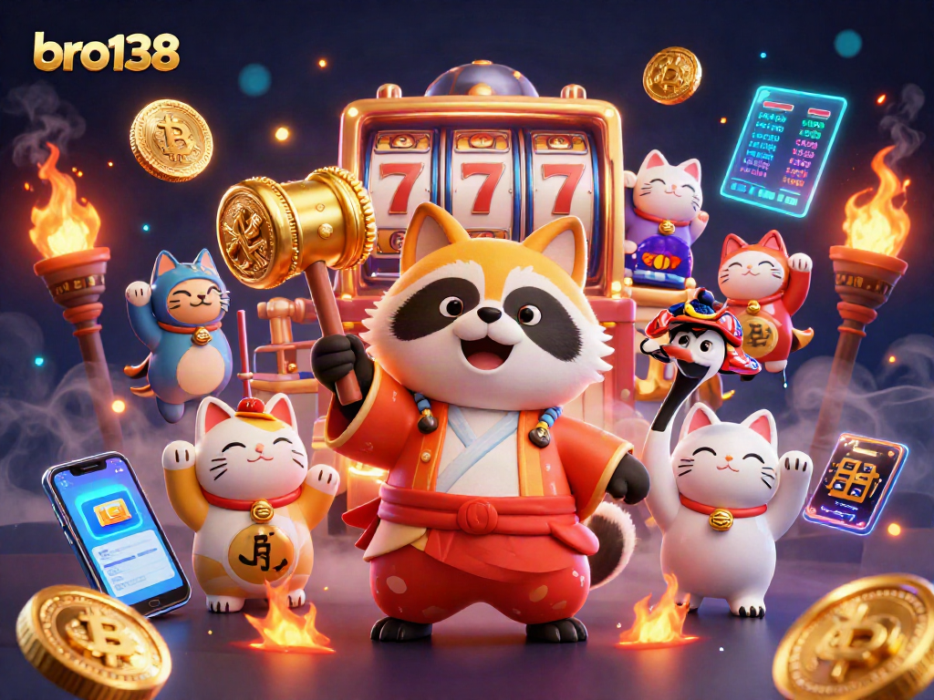 Wager exciting wins at bro138's vibrant slot games; colorful characters bring luck in a casino atmosphere.