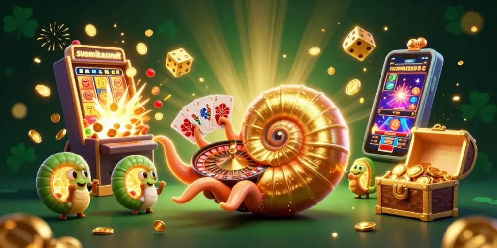 Play with suomikasinot offerings highlighted by a vibrant 3D illustration of casino excitement.