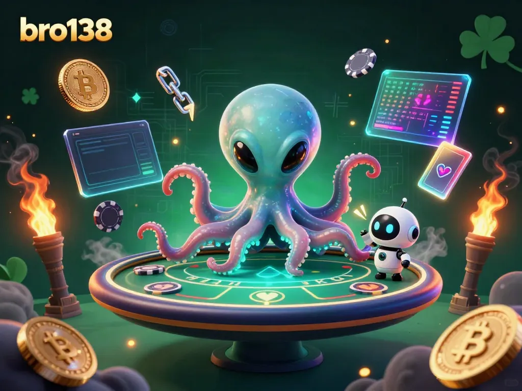 Experience the thrill of bro138 with our alien octopus at a holographic poker table amidst glowing crypto coins.