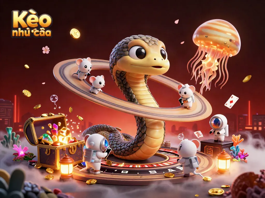 Kèo nhà cái scene with a Saturn ring snake and cosmic dealer, surrounded by vibrant treasures and betting action.
