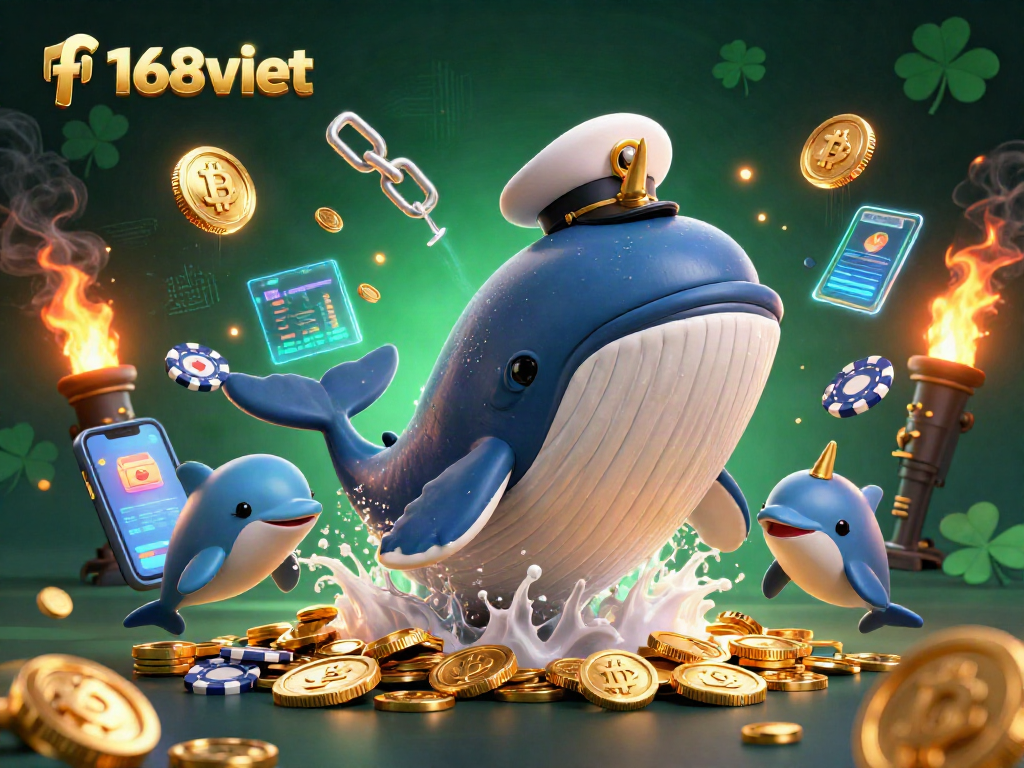 Play engaging games at f168viet with a whale and dolphins in a vibrant casino scene.