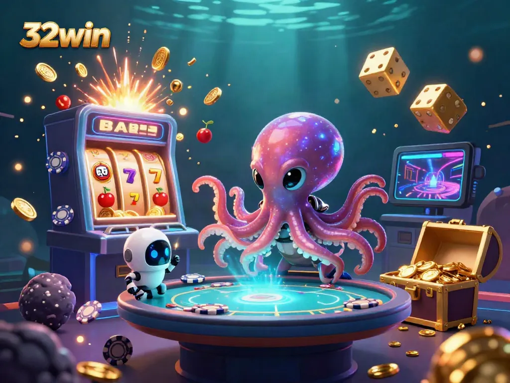 Experience the excitement of gaming at 32win with a colorful 3D casino scene featuring an alien octopus and vibrant slot machines.