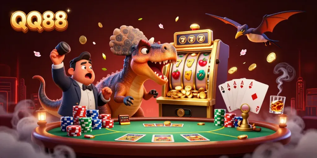 QQ88 cashed out jackpot coins as a dinosaur and a casino manager create a scene of excitement.