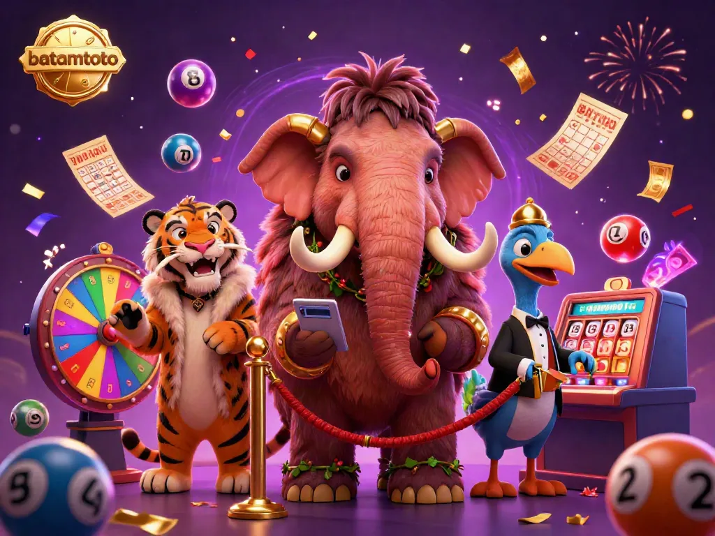 Experience the excitement with batamtoto's vibrant casino scene featuring a mammoth bouncer, VIP saber-tooth, and colorful lottery elements.