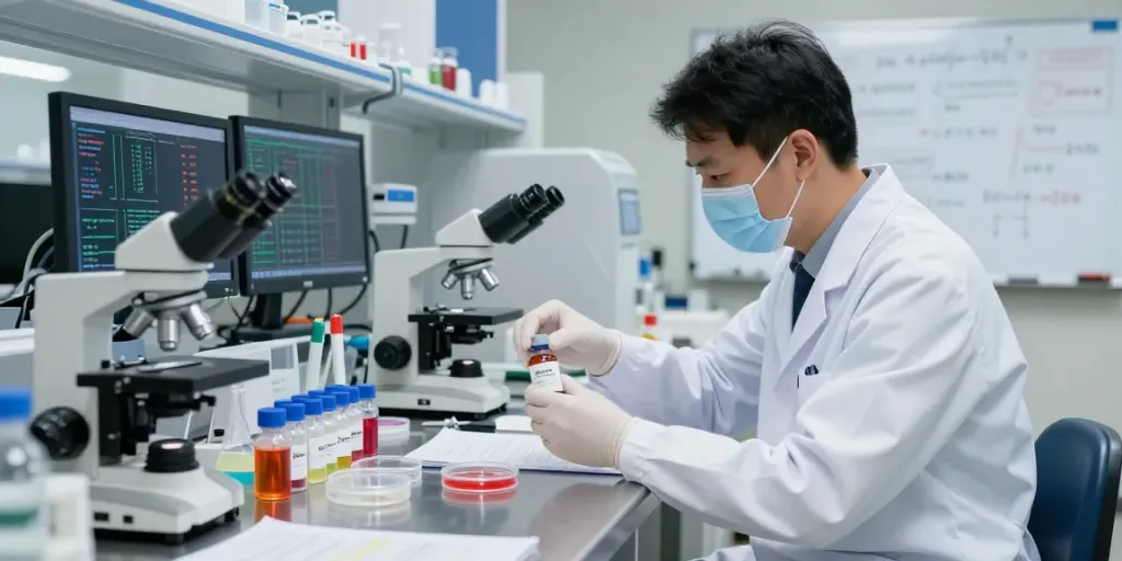 Researcher in lab analyzing vials of elora peptide, showcasing scientific innovation.