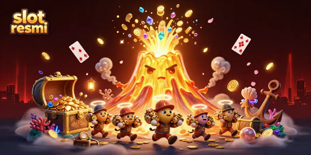 Engaging scene showcasing slot resmi with a golden volcano erupting treasures, captivating explorers, and rich casino elements.