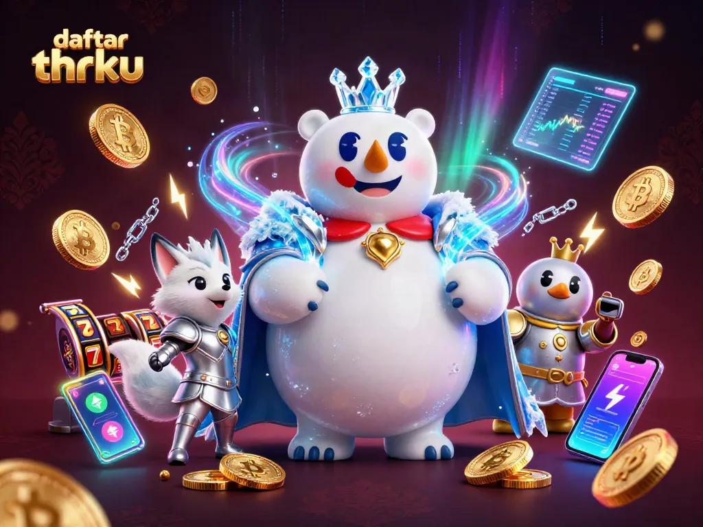 Engage with daftar thrku through this vibrant casino-themed 3D illustration showcasing Bitcoin coins and gaming elements.