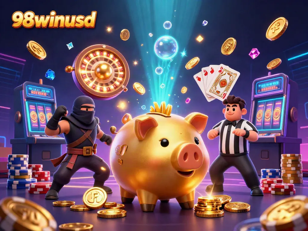 Experience thrilling gameplay at 98winusd with an exciting illustration of a piggy bank sumo wrestler.