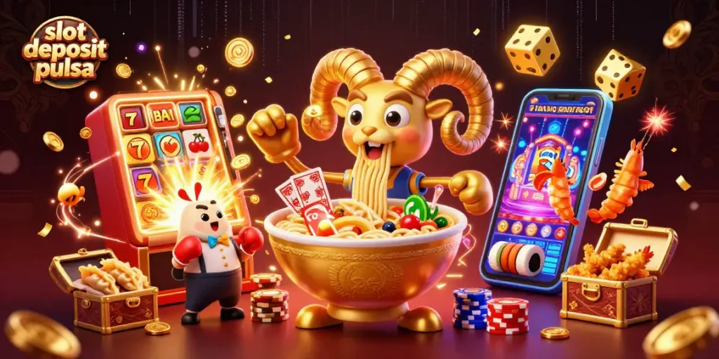 Experience vibrant slot deposit pulsa action with dynamic characters and casino elements in 3D.