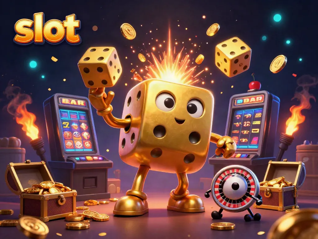 Experience the thrill of slot games with a dazzling slot machine explosion, surrounded by golden dice and vibrant symbols.