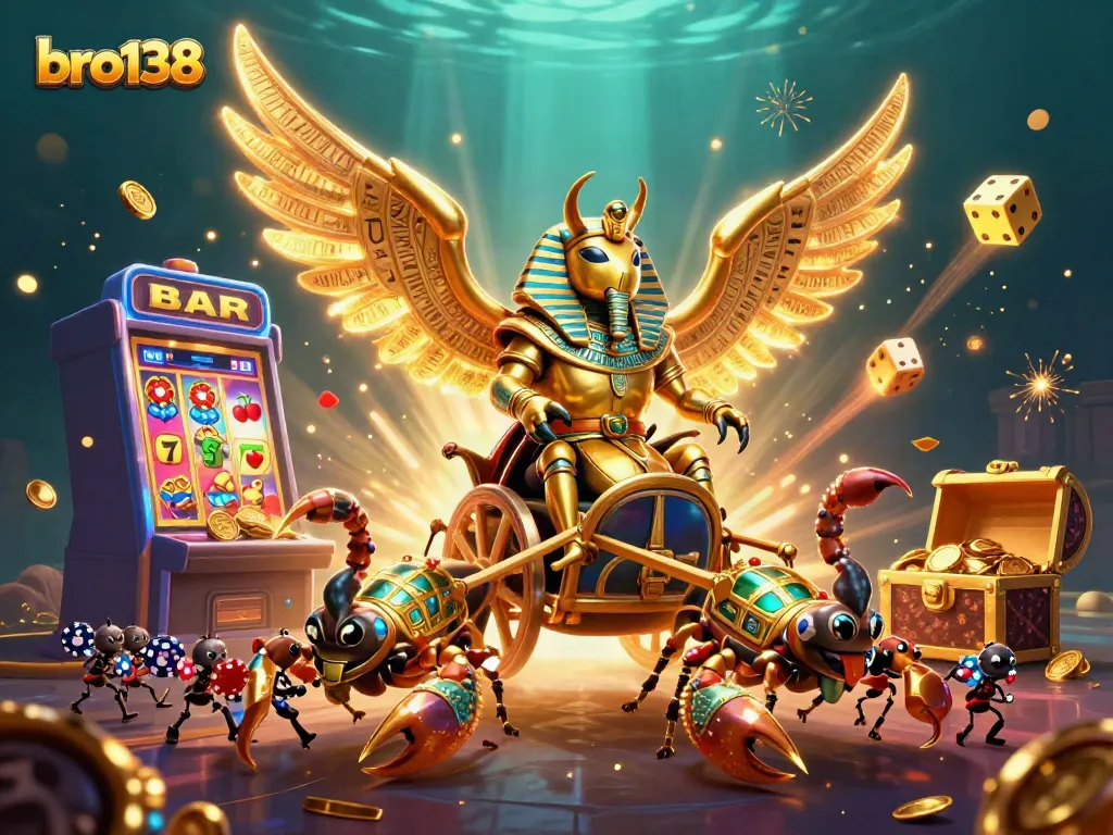 Experience the excitement of bro138 with a golden scarab and casino symbols in dynamic action.