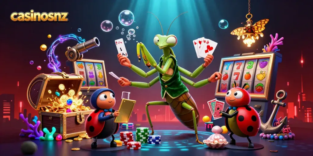 Casinosnz showcases a vibrant 3D scene of a card sharp and pit boss, engaging players with dynamic casino excitement.