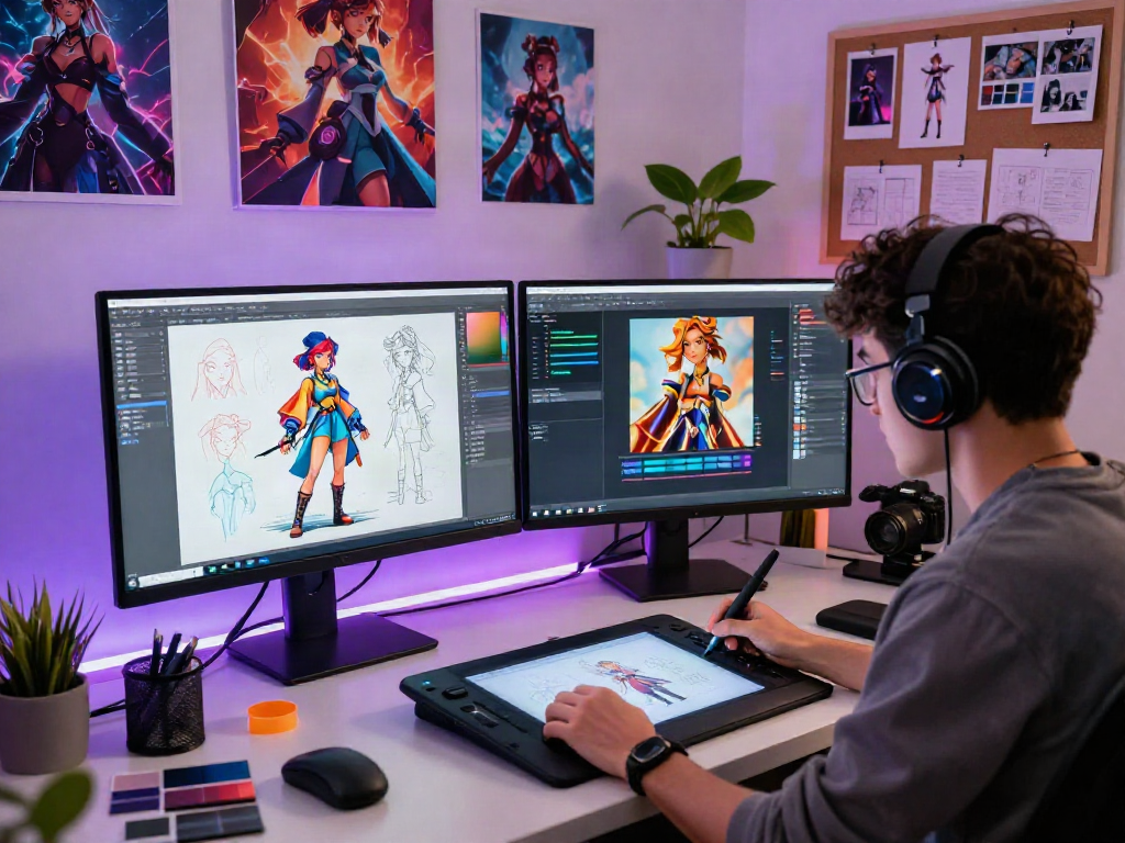 Creating character AI nsfw designs in a vibrant digital art studio setting.