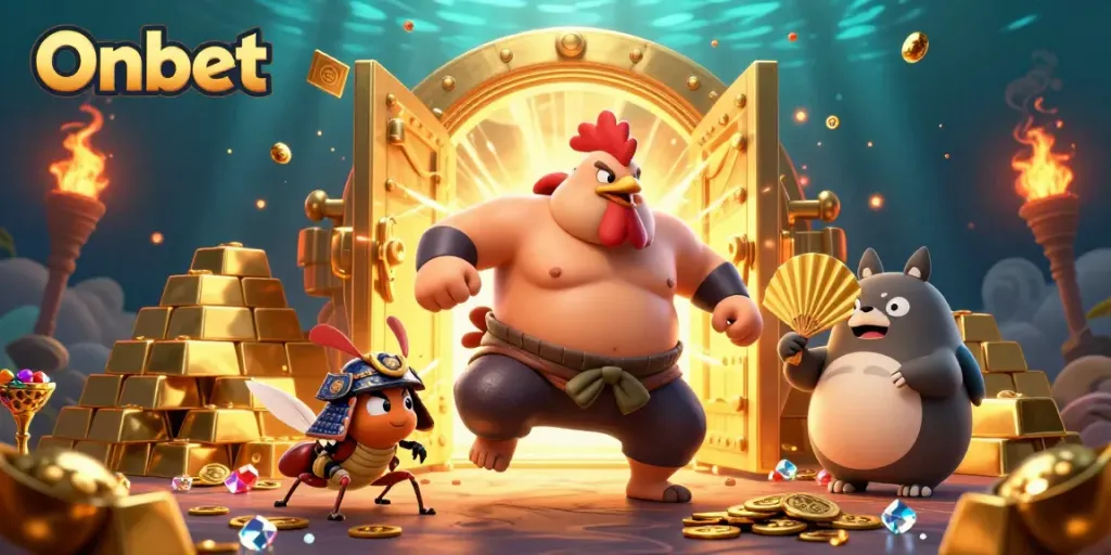 Onbet showcases an action-packed illustration featuring a sumo rooster and samurai cricket amidst gold treasures.