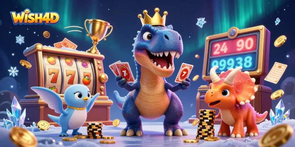 Engage with WISH4D's vibrant 3D illustration showcasing a T-Rex and friends in a dynamic casino setting.
