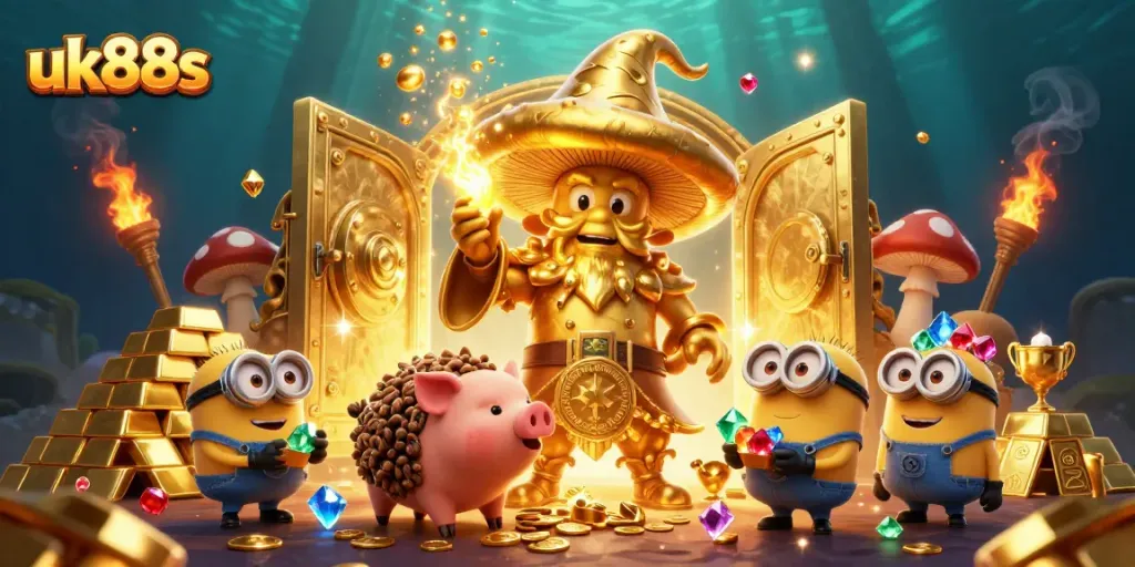 Experience the rich treasures at uk88s with magical characters revealing golden wins and rewards in a vibrant casino-themed scene.