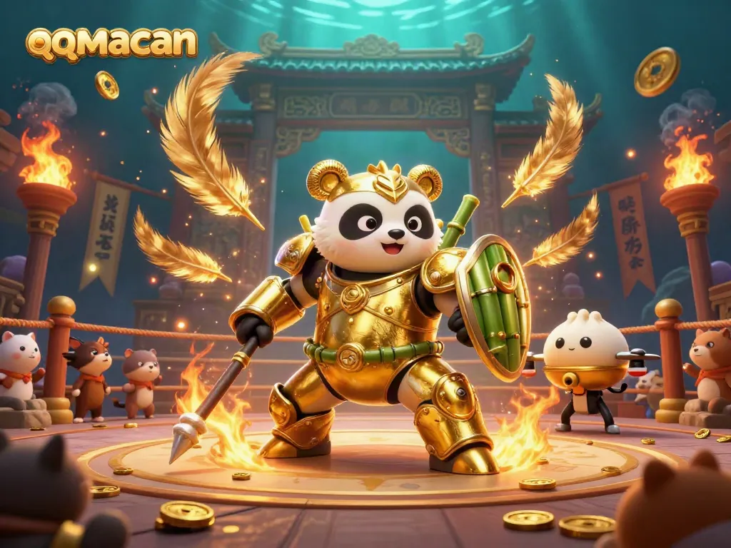 Experience action at qqmacan with a golden panda battling in a dynamic arena filled with vibrant gambling elements.