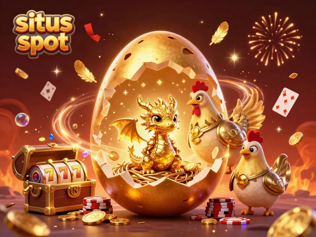 Swing into action with situs slot, featuring a golden baby dragon surrounded by exploding gold coins and slot reels.