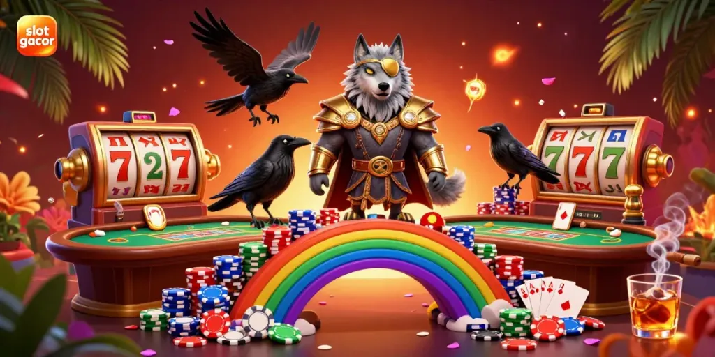 Experience the thrill of slot gacor with vibrant Norse mythology characters amidst colorful casino elements.