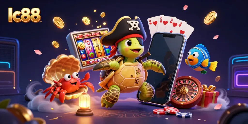 Spin to win with lc88's exciting casino games, featuring vibrant slot reels and a treasure-themed illustration.