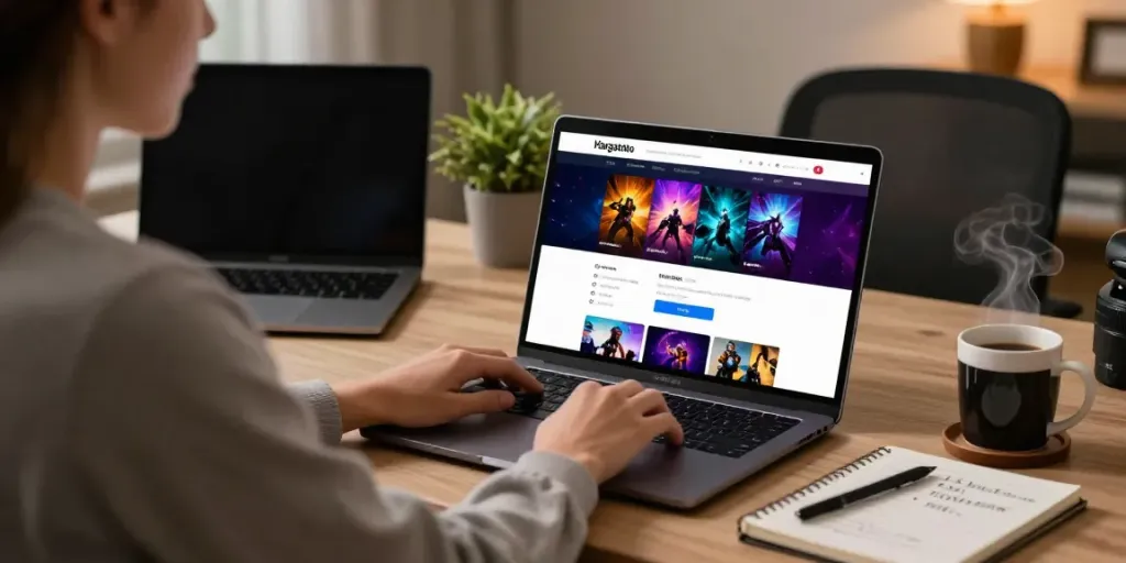 Hargatoto login scene showing a user accessing the gaming platform from a cozy home office.