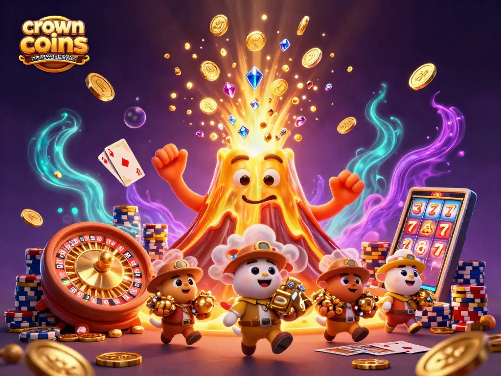 Crown coins casino promo code no deposit bonus brings exciting gaming with a golden volcano erupting coins and gems