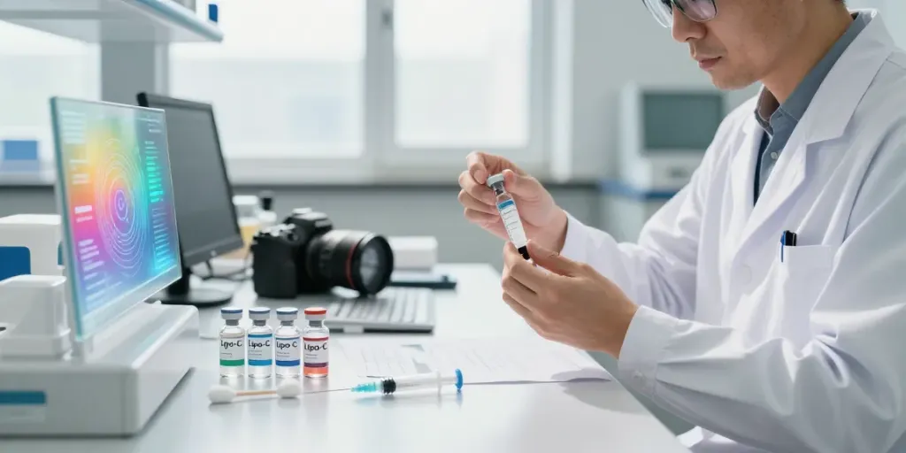 Lipo-C peptide for sale preparation in a professional lab setting, showcasing sterile vials and medical tools.
