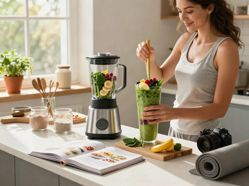 A woman blending a smoothie with c-nad supplement in a bright kitchen, promoting health.