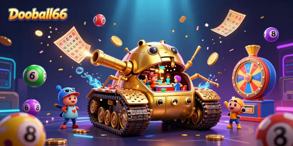 Experience the thrill with Dooball66: a vibrant casino illustrated with golden elements and engaging action.