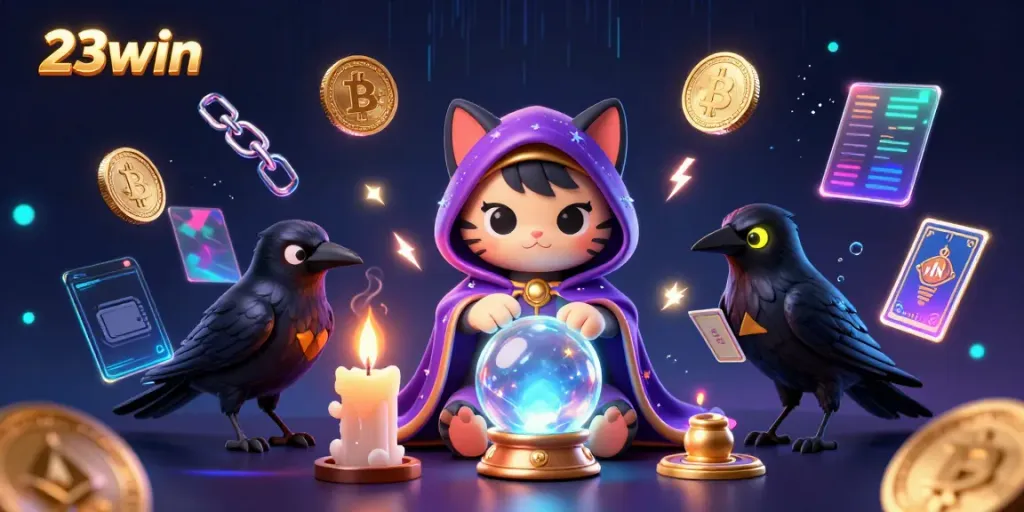 Engage with 23win’s thrilling online gaming experience, featuring stunning visuals of characters and crypto elements.