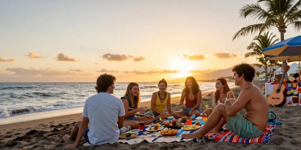 Friends picnic on a Canarian beach, capturing vibrant culture and local cuisine in Canarian news celebration